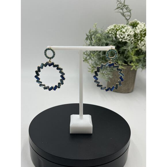 Lulus Blue Without You Blue Hues Rhinestone Statement Earrings Signed Disc Back - Picture 12 of 14